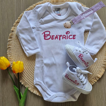 Bundles Incantato:  Catenella portaciuccio+Body con nome+Scarpette