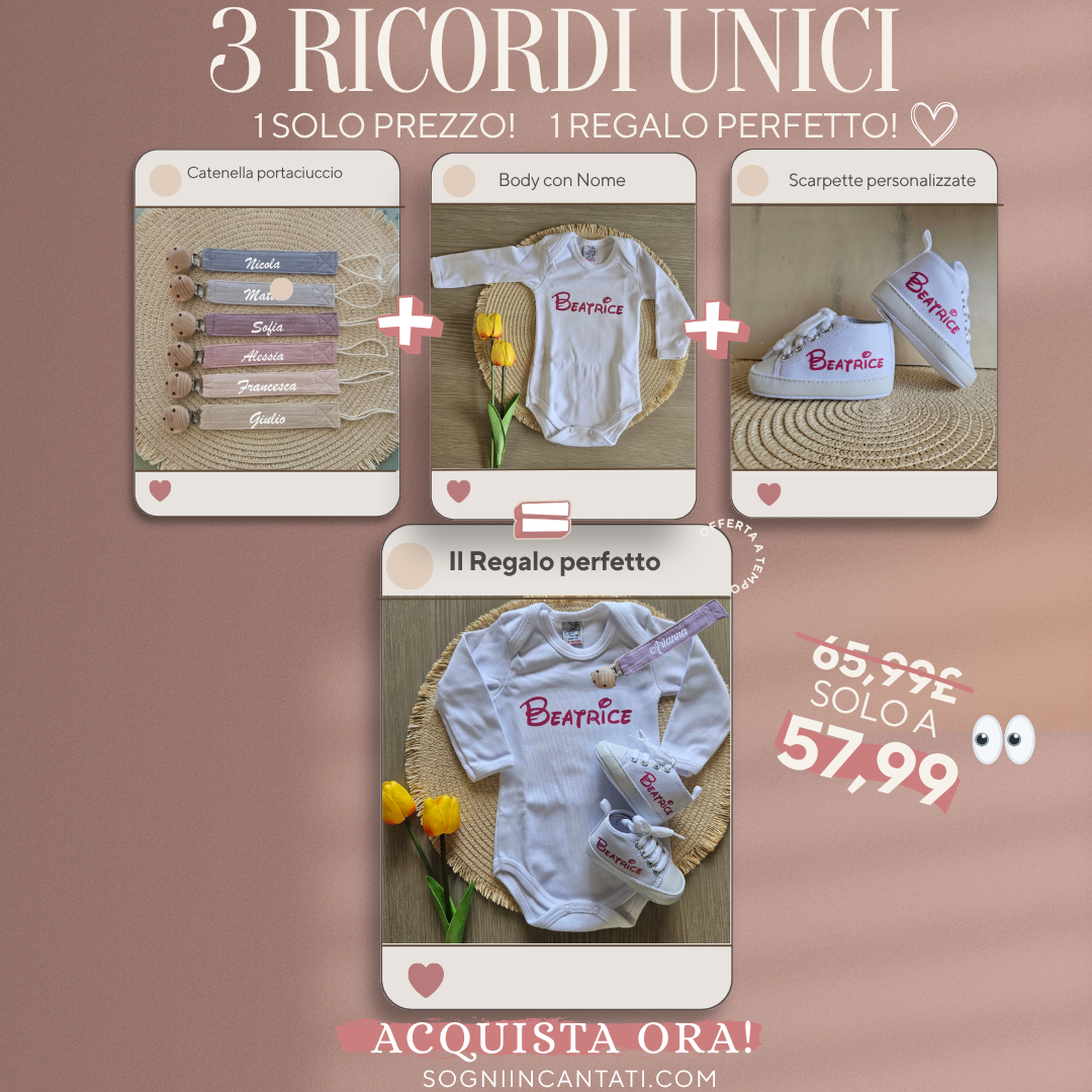 Bundles Incantato:  Catenella portaciuccio+Body con nome+Scarpette