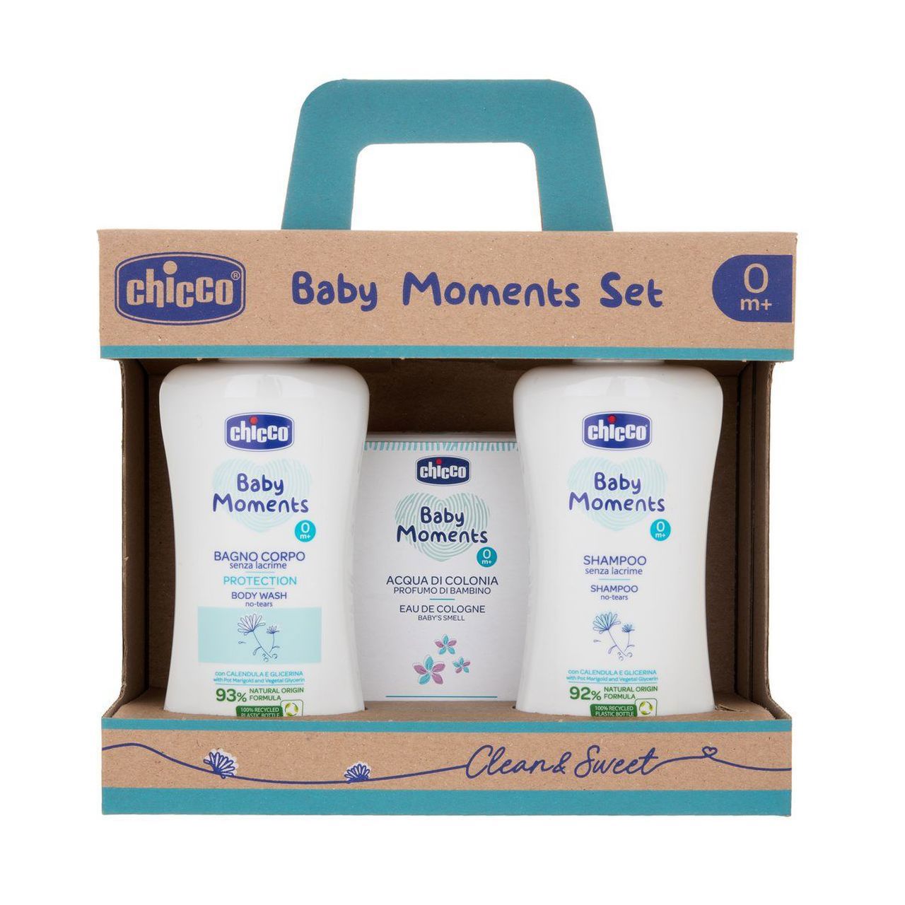 set bagnetto chicco con acqua di colonia, shampoo e bagno corpo.
